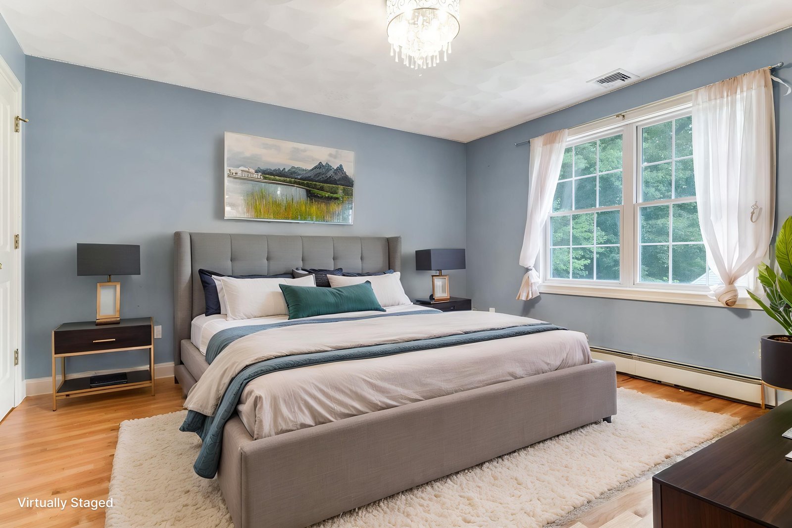 Primary bedroom, virtually staged
